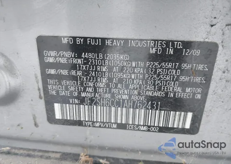 2010 Subaru Forester 2.5X Premium z USA, uszkodzony, nr VIN JF2SH6CC1AH762431